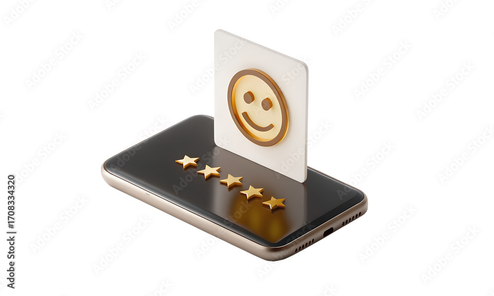 Obraz premium Smartphone with Five Star Rating and Smiley Face on transparent background