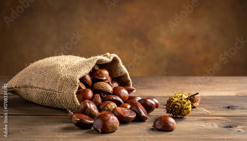 Abundance of Shiny Chestnuts Spilling from a Burlap Sack on Rustic Wood, Freshly Harvested Horse Chestnuts Overflowing from a Brown Sack on a Wooden Table