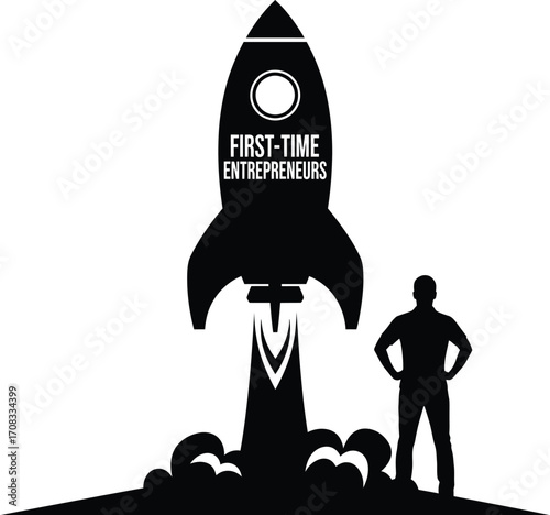 First-Time Entrepreneurs Silhouette: Person on Launchpad with Rocket Ship Takeoff

