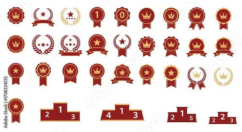 Collection of Red and Gold Medals, Ribbons, and Award Podium Icons.