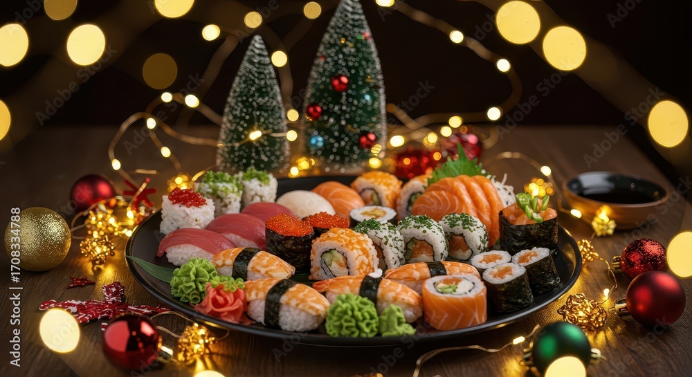 Fototapeta premium Festive platter of assorted sushi, a delightful display for a holiday celebration.