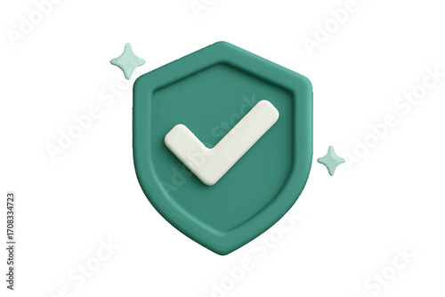Green shield with white checkmark and sparkles, symbol of security and approval