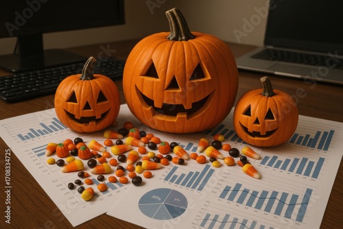 Three carved pumpkins sit on a table with scattered candy corn and chocolate, alongside graphs and charts, blending Halloween fun with a business environment.