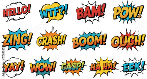 Vibrant collection of comic book style speech bubbles featuring various exclamations and dynamic sound effects, perfect for adding retro energy to designs