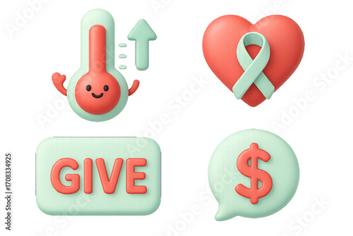 Charity and Fundraising Icons: Thermometer, Heart, Give Button, Dollar Sign