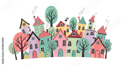 Colorful Cartoon Townscape with Whimsical Houses and Trees Illustration.