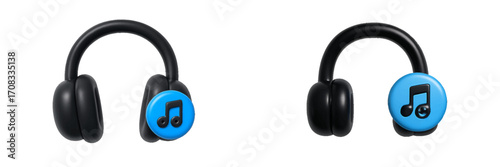 Black over-ear headphones with blue musical note emblems