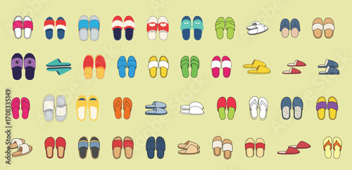 A collection of 40 different footwear icons in a flat design style a vector set of slippers, sandals and flip flops for men and women Casual and comfortable shoe and slippers illustration