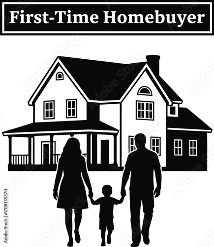 First-Time Homebuyer Silhouette: Family Holding Hands with Banner Above House

