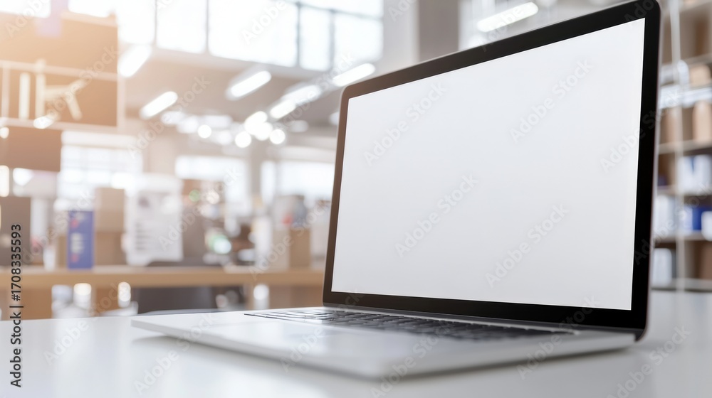 Fototapeta premium A sleek laptop sits on a desk in a modern workspace, showcasing a blank screen, surrounded by a bright, open environment.