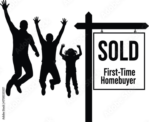 First-Time Homebuyer Silhouette: Family Jumping for Joy in front of a Sold Sign


