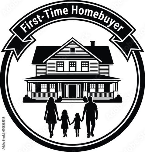 First-Time Homebuyer Silhouette: Family Holding Hands with Banner Above House

