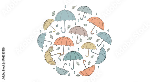 Colorful Hand-Drawn Umbrellas in a Circular Arrangement with Leaf Accents.