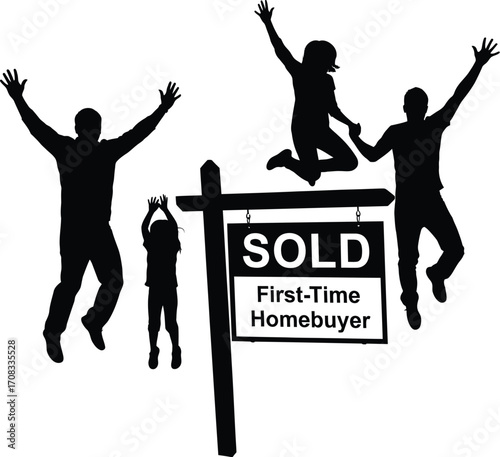 First-Time Homebuyer Silhouette: Family Jumping for Joy in front of a Sold Sign

