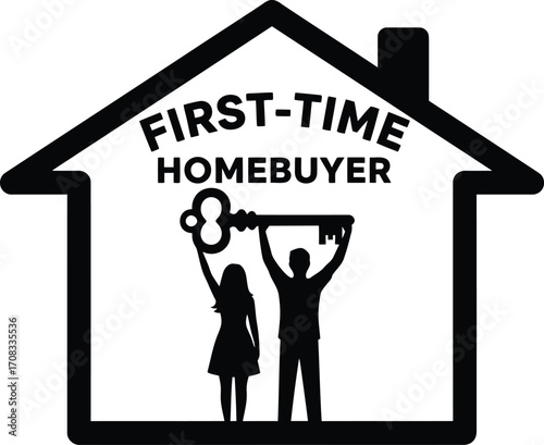 First-Time Homebuyer Silhouette: Couple with Key and House Background

