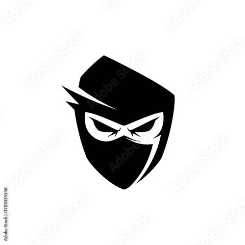 Black and White Ninja Mask Logo Design with Sharp Eyes