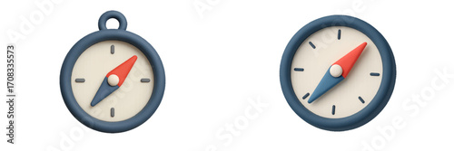 Stylized compass with red and blue needle on white background