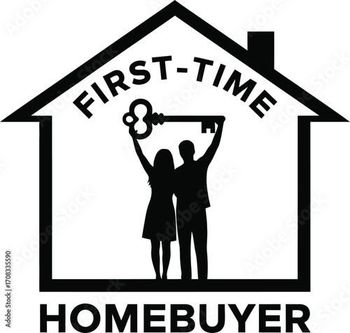 First-Time Homebuyer Silhouette: Couple with Key and House Background

