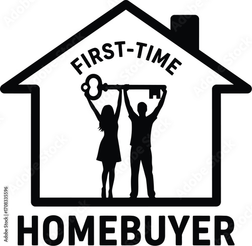 First-Time Homebuyer Silhouette: Couple with Key and House Background


