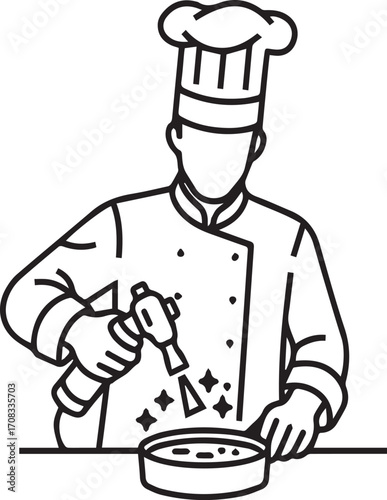 Chef Caramelizing Dessert with Torch Line Art Icon – Culinary and Pastry Logo Design