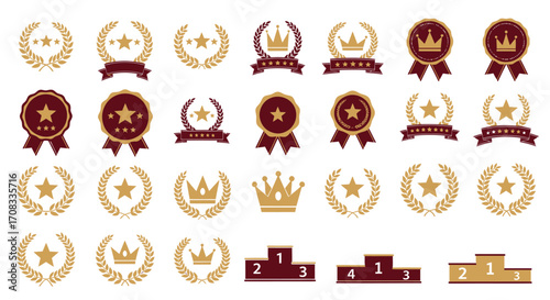 Golden and maroon award icons collection featuring stars, wreaths, crowns, and winner podiums.