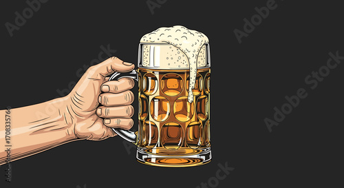 Hand Holding a Full Beer Mug with Frothy Head.