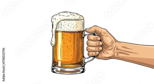 Hand holding a full glass mug of golden beer with white foam.
