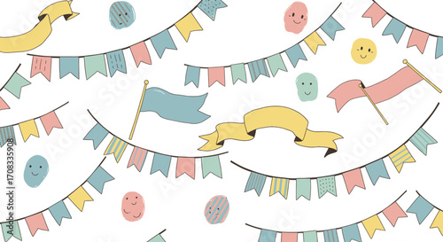 Pastel colored party bunting flags, ribbons, and decorative elements in a seamless pattern.
