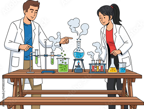 Scientists conducting chemistry experiments with test tubes and flasks, laboratory research, chemical reactions,