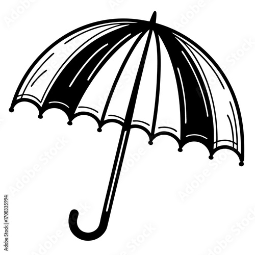 A simple black line art vector icon of an umbrella symbolizing protection. The umbrella is open, with curved canopy lines and a straight handle. The design represents insurance, safety, and security. 