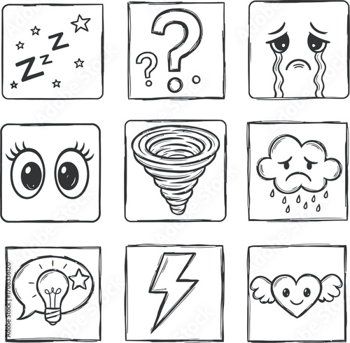 Set of Hand-Drawn Doodle Icons: Emotions and States of Mind - Sadness, Anger, Confusion
