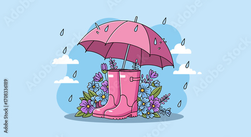 Vibrant pink open umbrella and matching rain boots surrounded by colorful spring flowers with falling raindrops.