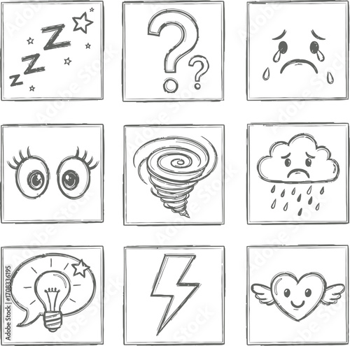 Set of Hand-Drawn Doodle Icons: Emotions and States of Mind - Sadness, Anger, Confusion