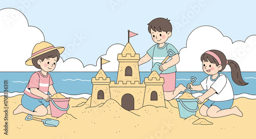 Cheerful cartoon children in summer outfits happily building a detailed sandcastle with buckets and shovels.