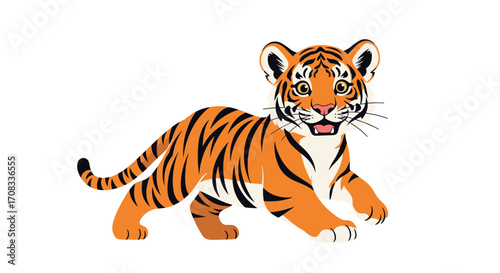 Cute Tiger Cub Walking with Orange and Black Stripes.