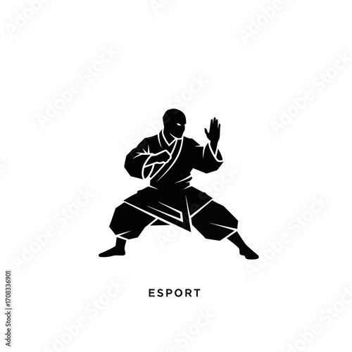 Black Silhouette of a Martial Artist in Fighting Stance Wearing a Gi