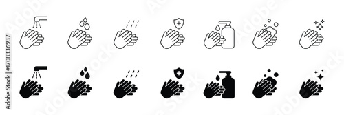 Set of disease prevention protect icons. Wash your hands icons set. Sanitizer, antiseptic, antibacterial vector symbols.
