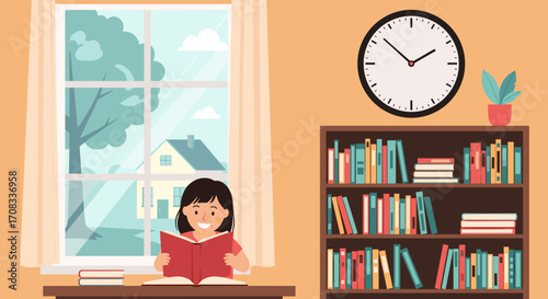 A young girl happily reading a book by the window with a bookshelf and clock.