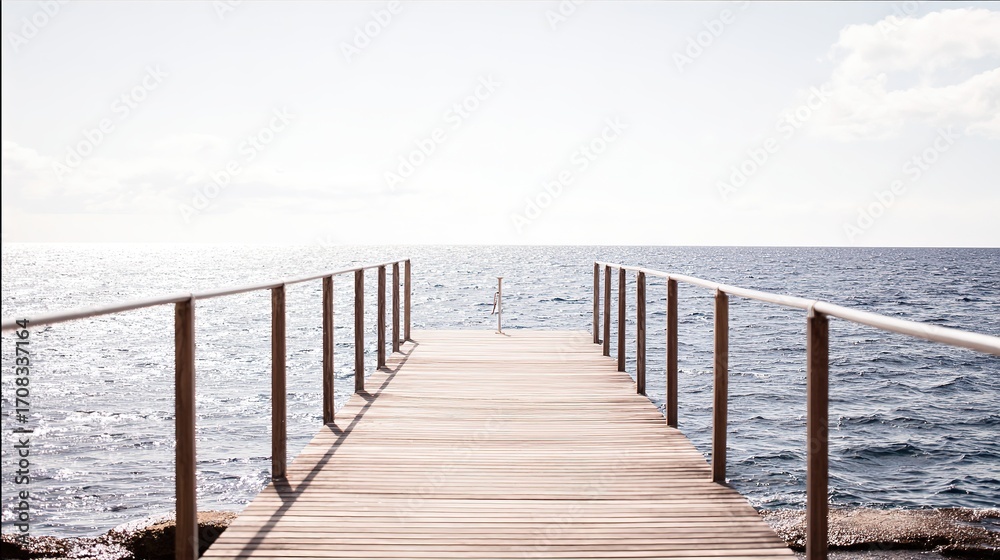 Fototapeta premium Wooden pier stretching into calm ocean, a serene escape into simplicity and peace 