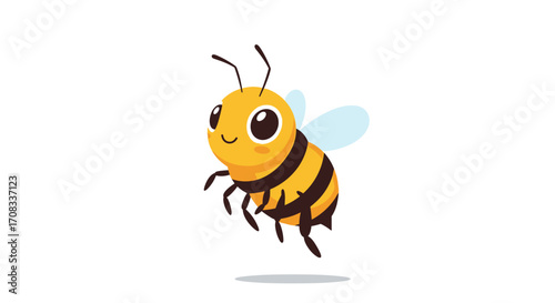 Cute cartoon bee flying with big eyes and happy expression.