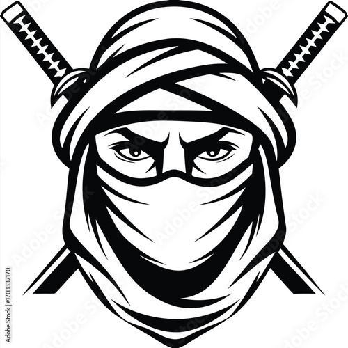 Masked warrior with intense eyes stands before crossed swords in a strong monochrome design