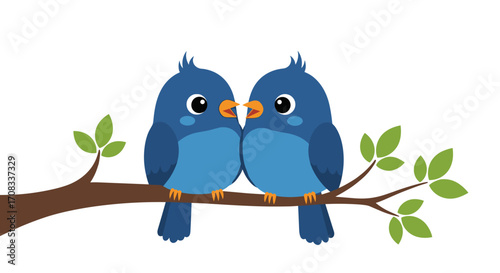 Two cute blue birds sitting on a tree branch.