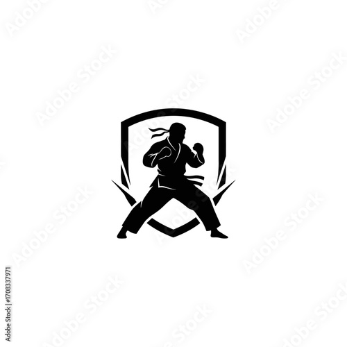 Karate Fighter Silhouette in Fighting Stance with Headband and Gloves