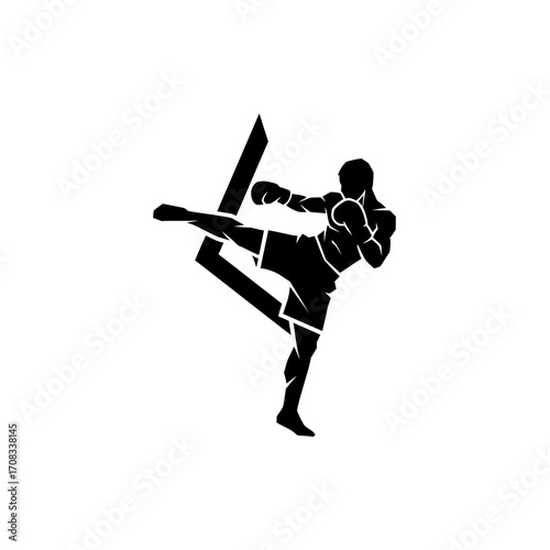 Dynamic Muay Thai Kickboxer Silhouette with Geometric Element