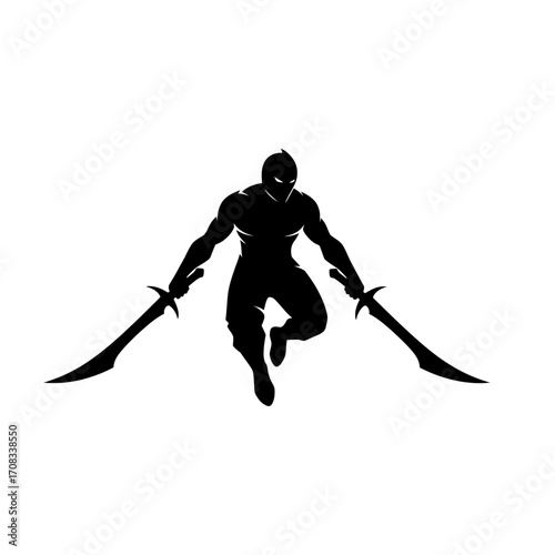 Silhouette of a Ninja Warrior Leaping with Swords