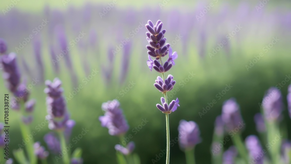 Obraz premium A single lavender stalk in sharp focus, stands tall amidst a softly blurred field of its purple brethren, bathed in soft, natural light