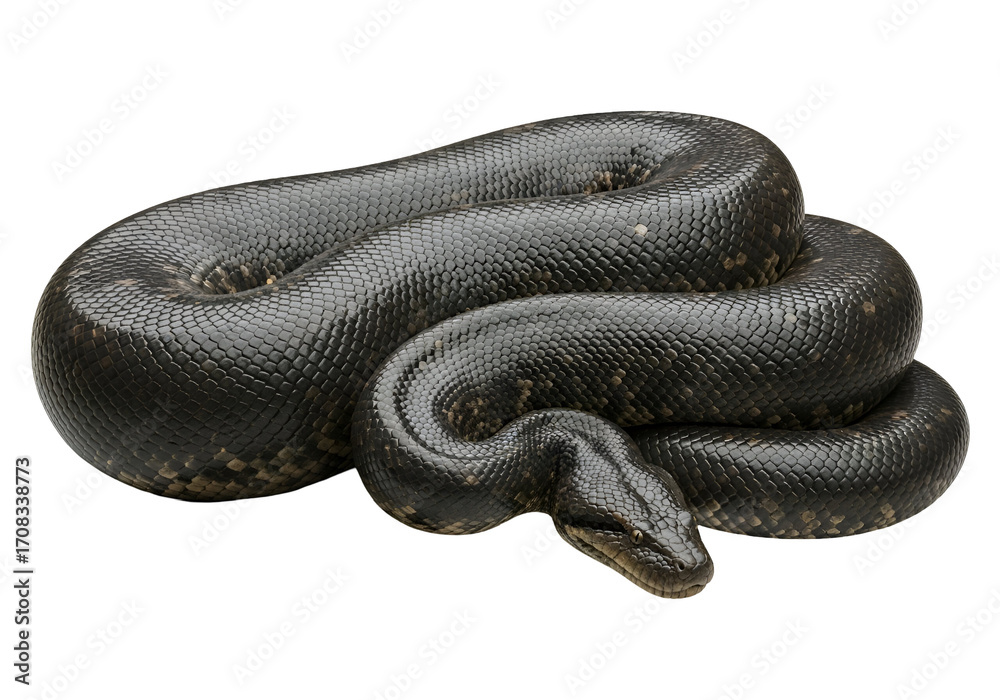 Obraz premium A large, dark snake coils tightly, showcasing its intricate scales and smooth texture against a black background.