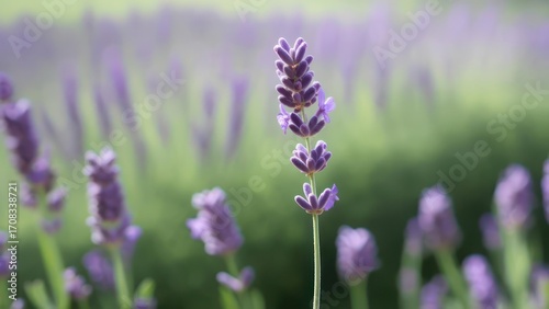 A single lavender stalk in sharp focus, stands tall amidst a softly blurred field of its purple brethren, bathed in soft, natural light