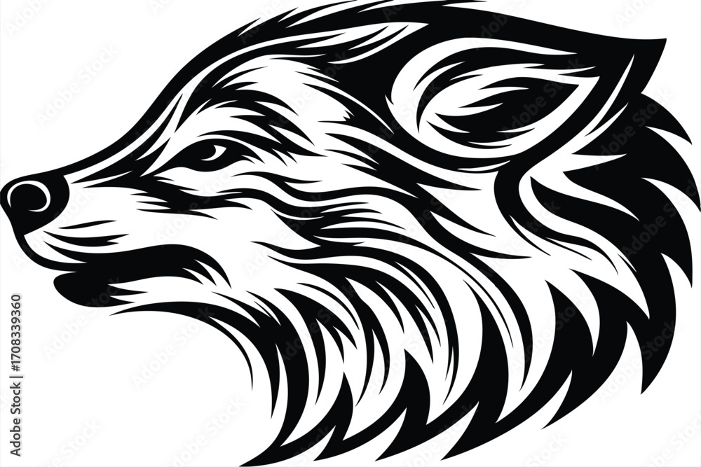 Obraz premium Stylized wolf profile shows bold black and white line art design