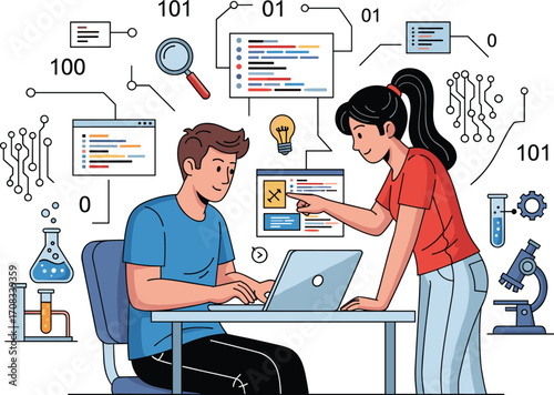 Title (20 words with SEO, for Adobe Stock):
Programmers developing software and analyzing code, surrounded by digital elements, teamwork in tech and science innovation